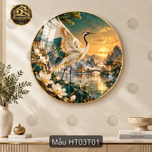 Tranh tròn tráng gương Hạc tiên 003 nghệ thuật điểm nhấn phong cảnh sơn thủy decor phòng khách