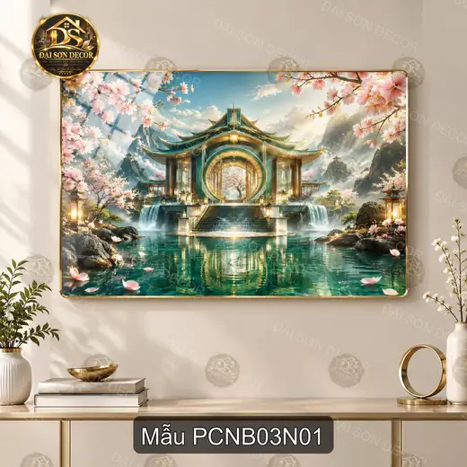 Tranh tráng gương phong cảnh Nhật Bản 003 đền giữa núi hoa anh đào decor phòng khách