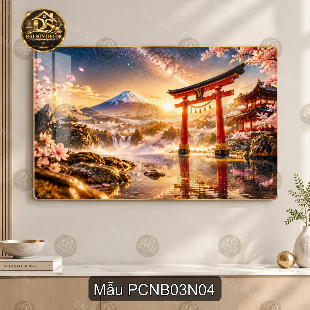 Tranh tráng gương phong cảnh Nhật Bản 003 đền giữa núi hoa anh đào decor phòng khách