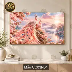 Tranh tráng gương đôi chim công hồng hoa đào phong cảnh sơn thủy decor phòng khách CC03N01
