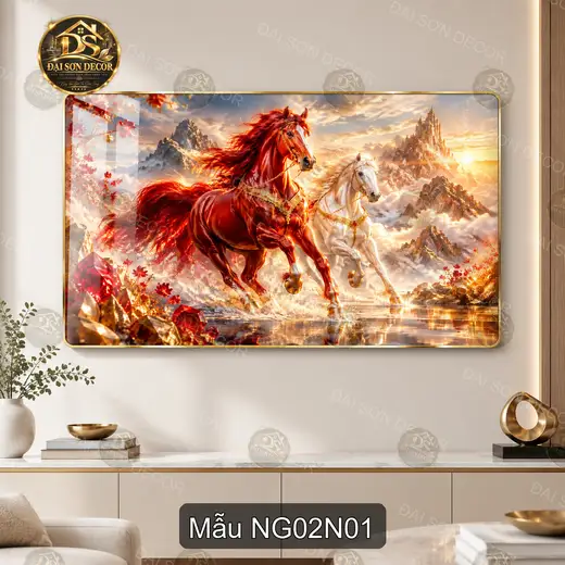 Tranh tráng gương đôi ngựa phi nước đại decor phòng khách phòng làm việc Ngựa 002