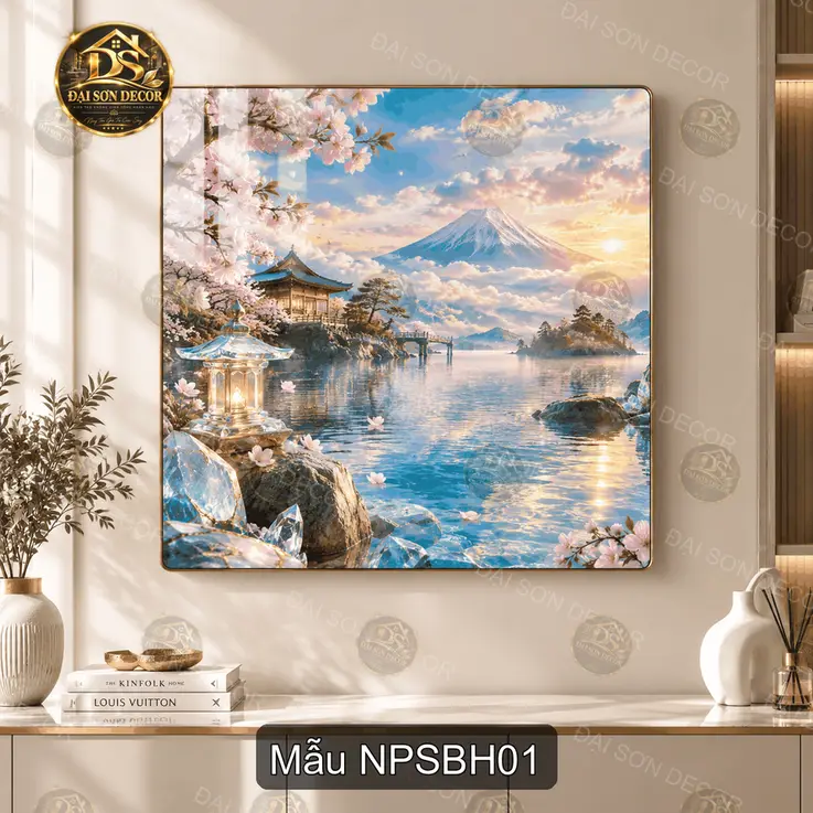 Tranh tráng gương núi Phú Sĩ bên hồ phong cảnh Nhật Bản treo tường phòng khách