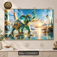 Tranh tráng gương voi xanh nghệ thuật bên hồ núi non decor phòng khách Voi 004 VO04N01