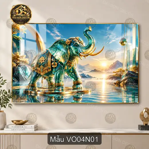 Tranh tráng gương voi xanh nghệ thuật bên hồ núi non decor phòng khách Voi 004 VO04N01