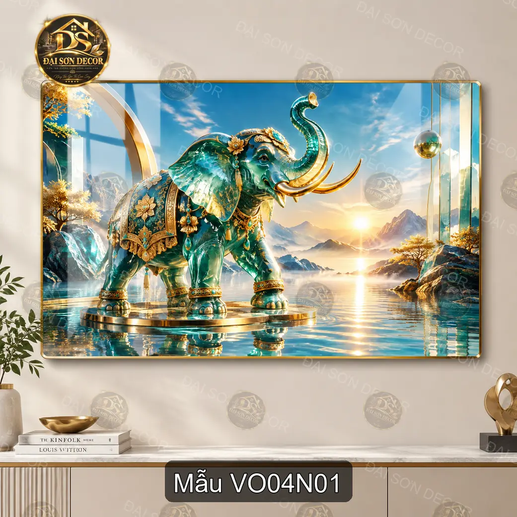 Tranh tráng gương voi xanh nghệ thuật bên hồ núi non decor phòng khách Voi 004 VO04N01