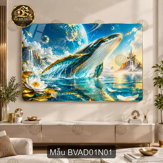 Tranh tráng gương cá voi biển và đại dương decor phòng khách phòng làm việc BVAD01N01