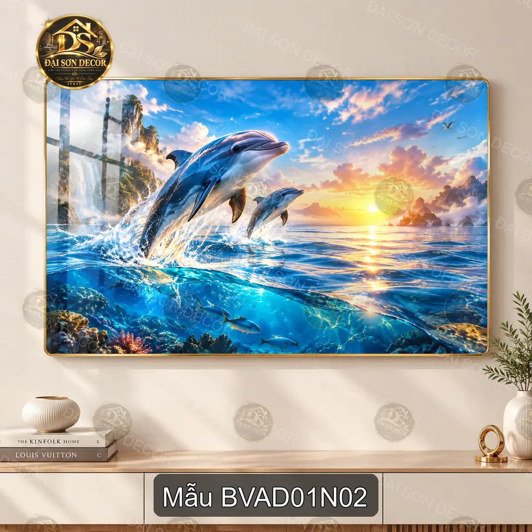 Tranh tráng gương cá voi biển và đại dương decor phòng khách phòng làm việc BVAD01N01