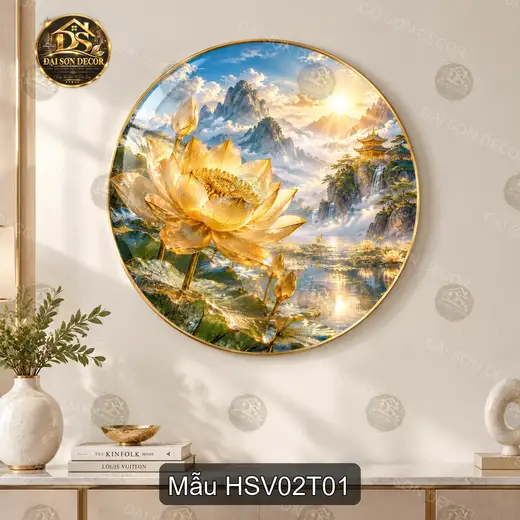 Tranh tráng gương tròn Hoa sen vàng 002 phong cảnh sơn thủy decor phòng khách phòng làm việc