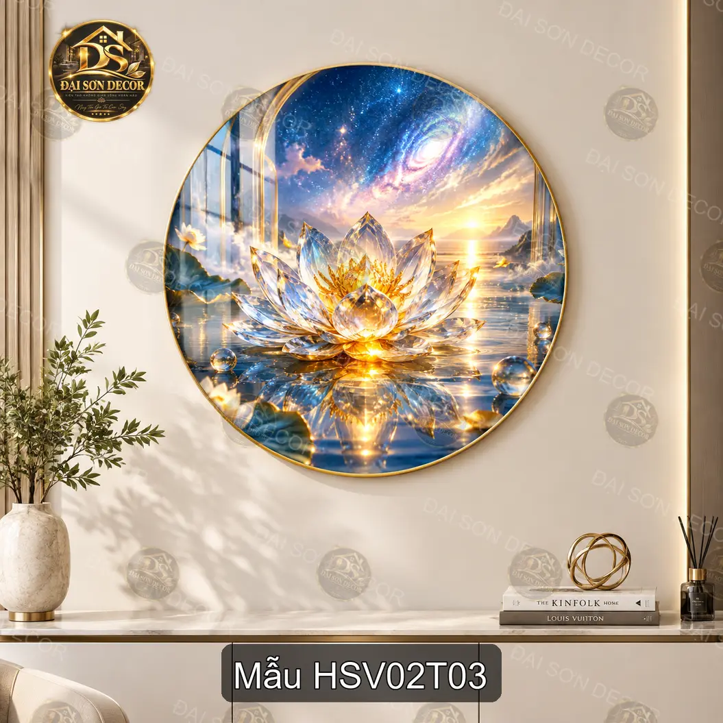 Tranh tráng gương tròn Hoa sen vàng 002 phong cảnh sơn thủy decor phòng khách phòng làm việc