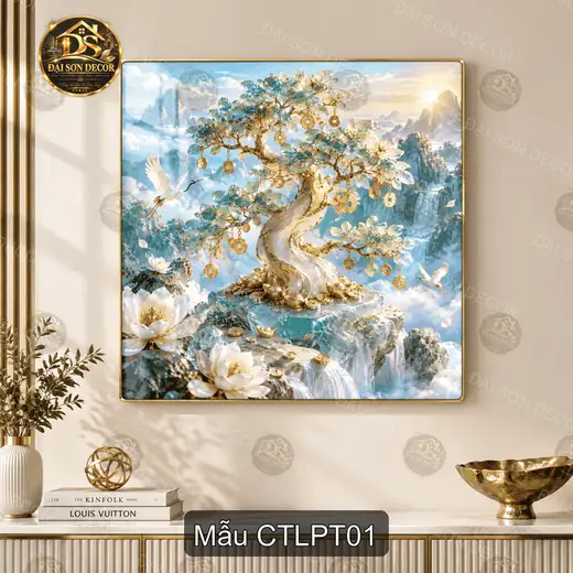 Tranh treo tường cây tài lộc phong thủy tráng gương vuông decor phòng khách quà tặng tân gia