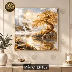 Tranh treo tường cây tài lộc phong thủy tráng gương vuông decor phòng khách quà tặng tân gia