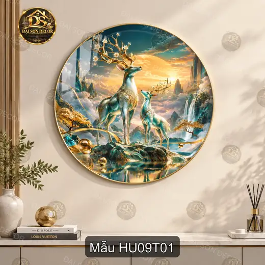 Tranh tròn hươu nghệ thuật decor phòng khách phòng làm việc HU09T01