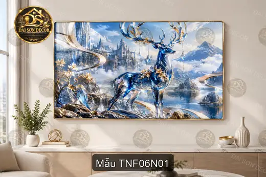 Tranh tráng gương ngang Thiên nhiên fantasy 006 hươu xanh decor phòng khách sang trọng