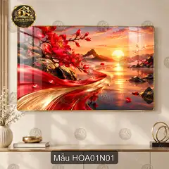 Tranh tráng gương hoa đào 001 phong cảnh hoàng hôn trang trí phòng khách