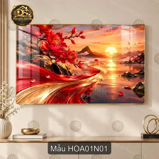 Tranh tráng gương hoa đào 001 phong cảnh hoàng hôn trang trí phòng khách