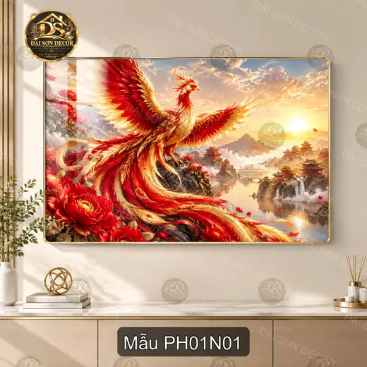 Tranh tráng gương Phượng hoàng 001 hoa mẫu đơn cảnh sơn thủy trang trí phòng khách