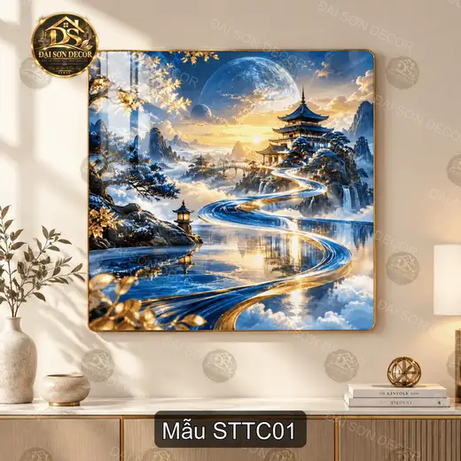 Tranh tráng gương Sơn thủy tiên cảnh vuông decor phòng khách sang trọng