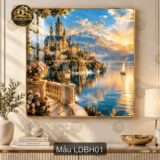 Tranh tráng gương Lâu đài bên hồ phong cảnh châu Âu decor phòng khách sang trọng