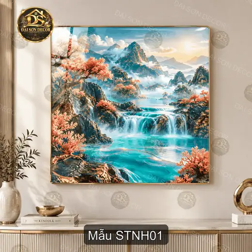 Tranh tráng gương sơn thủy ngân hà phong cảnh thác nước núi non trang trí phòng khách