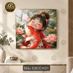 Tranh tráng gương em bé ôm cá koi hoa sen, decor phòng khách phòng ngủ mẫu EBOCK01