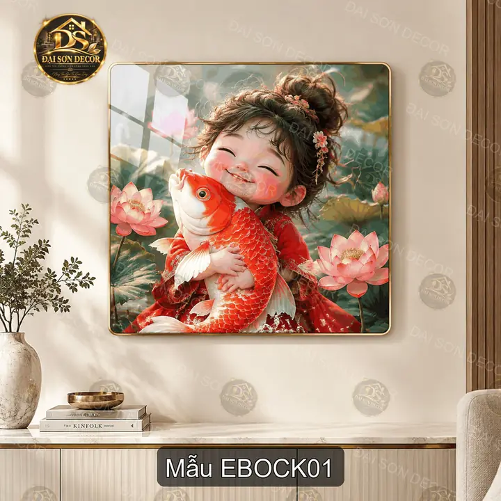 Tranh tráng gương em bé ôm cá koi hoa sen, decor phòng khách phòng ngủ mẫu EBOCK01