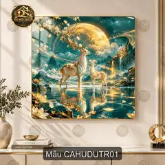 Tranh tráng gương cặp hươu dưới trăng decor phòng khách, quà tặng tân gia ý nghĩa