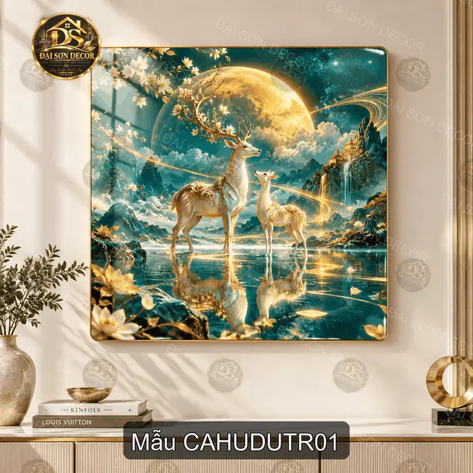 Tranh tráng gương cặp hươu dưới trăng decor phòng khách, quà tặng tân gia ý nghĩa
