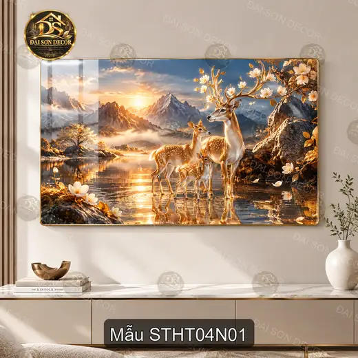 Tranh tráng gương Sơn thủy hữu tình 004 hươu nai bên hồ decor tường hiện đại sáng đẹp