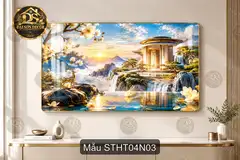 Tranh tráng gương Sơn thủy hữu tình 004 hươu nai bên hồ decor tường hiện đại sáng đẹp