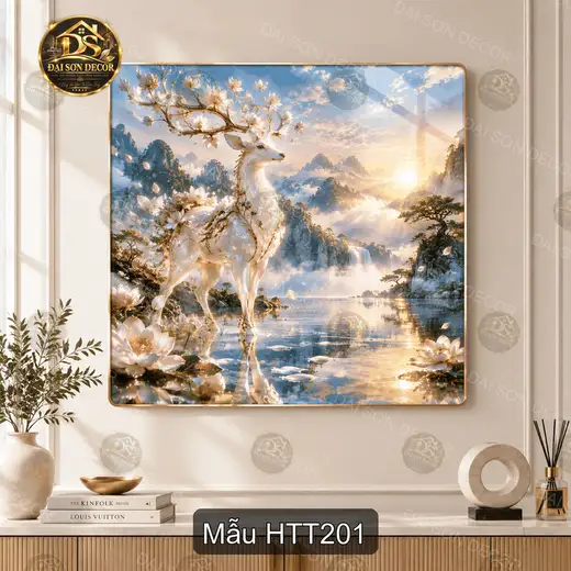 Tranh tráng gương Hươu thần tiên 2 hình hươu trắng phong cảnh sơn thủy decor phòng khách