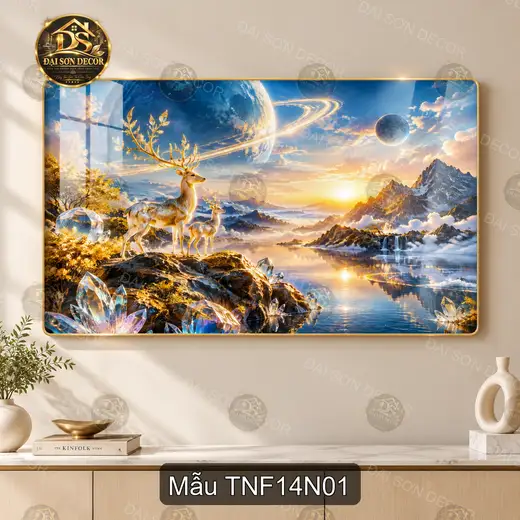 Tranh tráng gương Thiên nhiên fantasy 014 hươu bên hồ núi non decor phòng khách