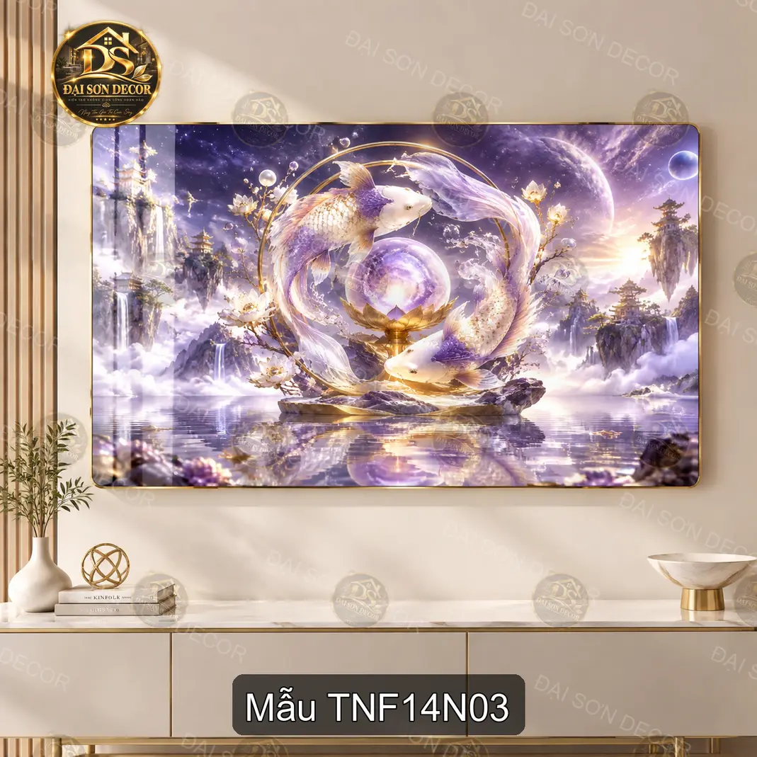 Tranh tráng gương Thiên nhiên fantasy 014 hươu bên hồ núi non decor phòng khách