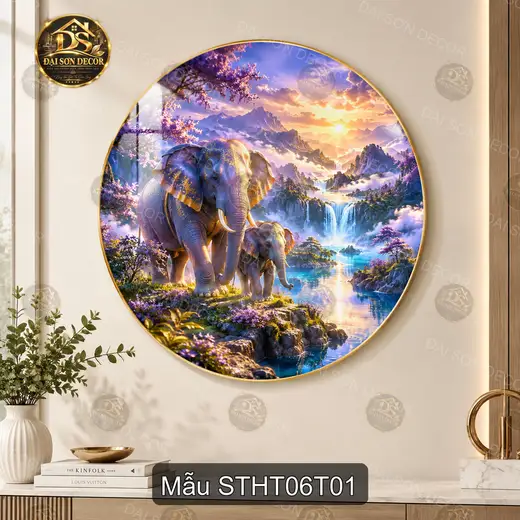 Tranh tráng gương tròn sơn thủy hữu tình voi mẹ và con decor phòng khách quà tặng