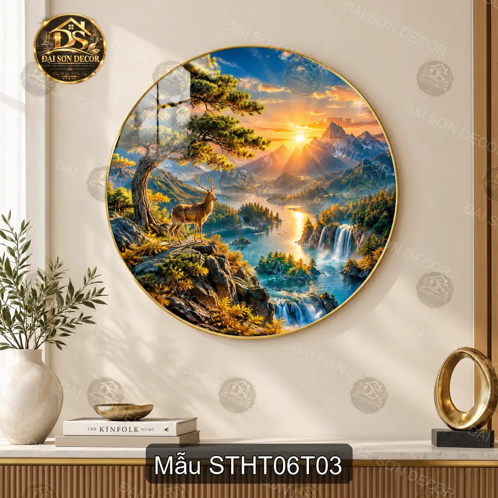 Tranh tráng gương tròn sơn thủy hữu tình voi mẹ và con decor phòng khách quà tặng