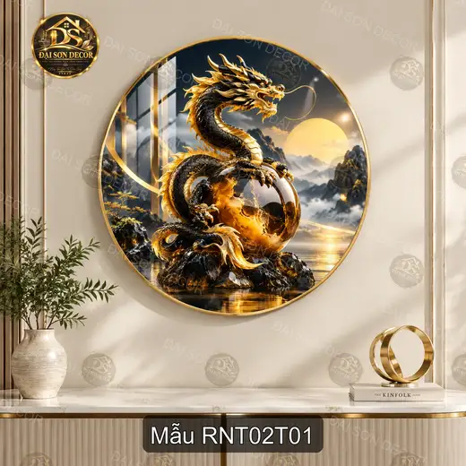 Tranh tròn tráng gương Rồng nghệ thuật 002 hiện đại sáng đẹp decor tường phòng khách sang trọng