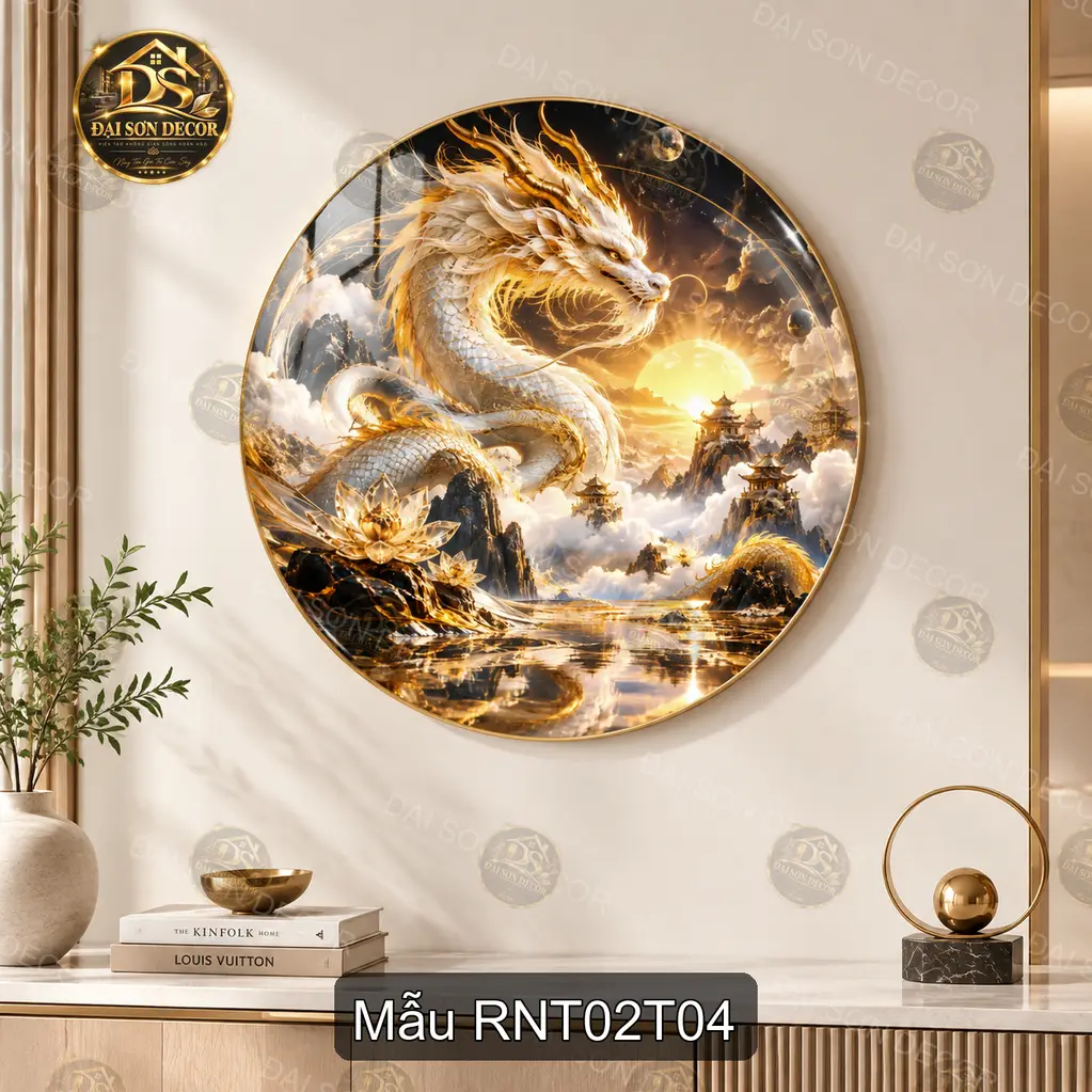 Tranh tròn tráng gương Rồng nghệ thuật 002 hiện đại sáng đẹp decor tường phòng khách sang trọng