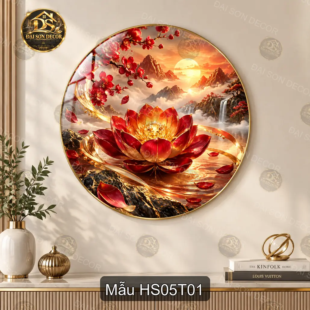 Tranh tráng gương tròn Hoa sen 005 nghệ thuật sơn thủy điểm nhấn decor phòng khách
