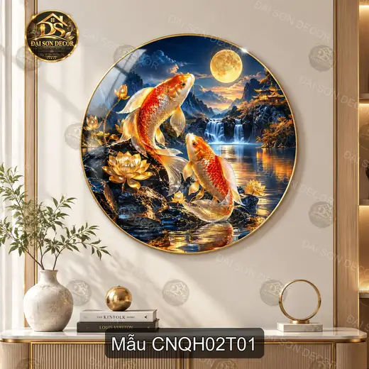 Tranh tráng gương tròn Cửu ngư quần hội 002 decor phòng khách quà tặng phong thủy sang trọng