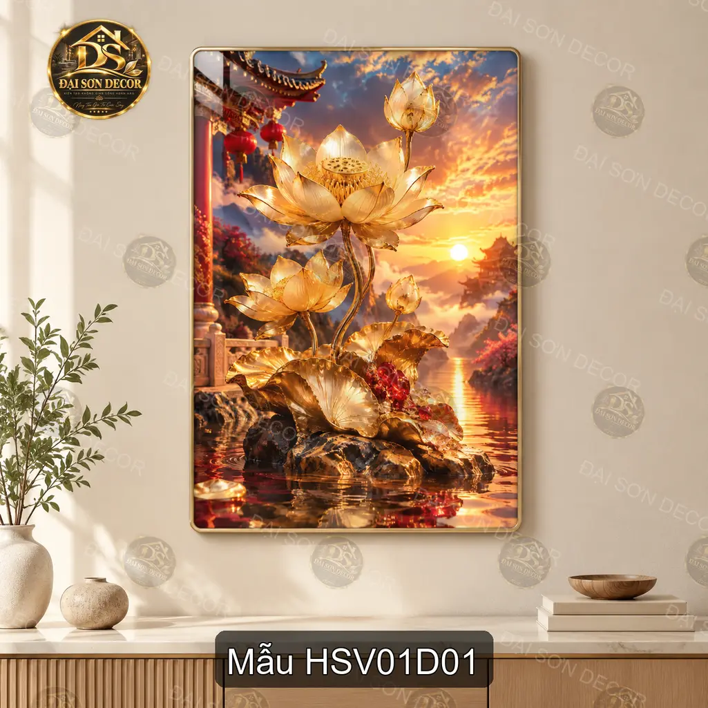 Tranh tráng gương hoa sen vàng treo tường phong cách thư pháp trang trí phòng khách