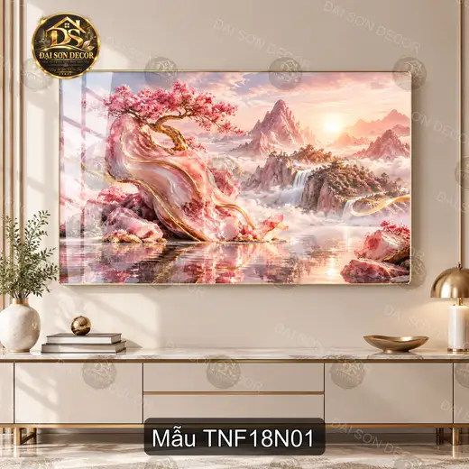 Tranh tráng gương Thiên nhiên fantasy 018 núi non hoa đào decor phòng khách phòng làm việc
