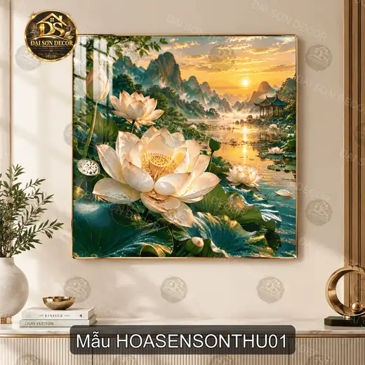 Tranh tráng gương hoa sen sơn thủy vuông decor phòng khách quà tặng ý nghĩa