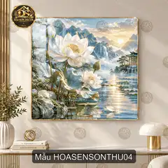 Tranh tráng gương hoa sen sơn thủy vuông decor phòng khách quà tặng ý nghĩa