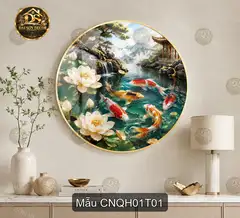 Tranh tráng gương tròn Cửu ngư quần hội hoa sen thác nước nghệ thuật decor phòng khách
