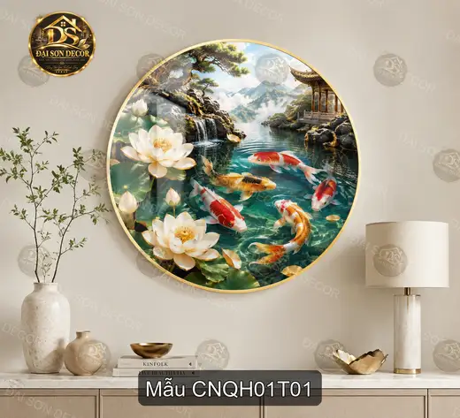 Tranh tráng gương tròn Cửu ngư quần hội hoa sen thác nước nghệ thuật decor phòng khách