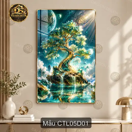 Tranh tráng gương Cây tài lộc 005 dọc nghệ thuật decor phòng khách làm quà tặng sang trọng
