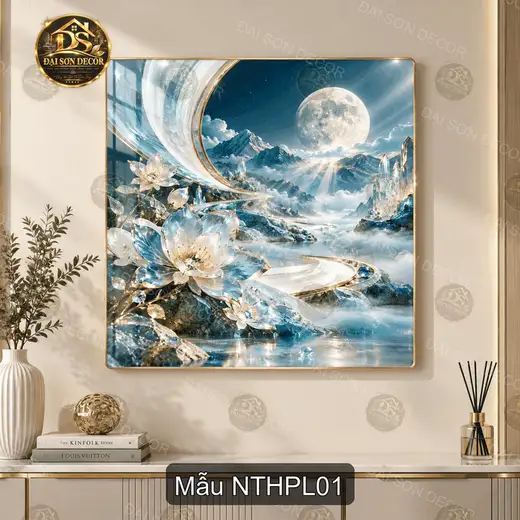 Tranh tráng gương núi trăng hoa pha lê vuông decor phòng khách quà tặng ý nghĩa
