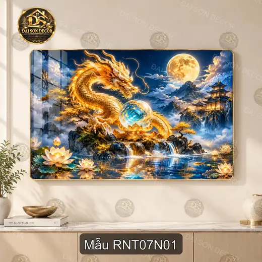 Tranh tráng gương Rồng nghệ thuật 007 rồng vàng hồ sen phong cảnh huyền ảo decor phòng khách