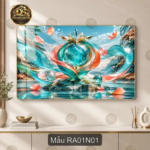 Tranh Resin Art 001 hồ sen pha lê tráng gương sang trọng decor phòng khách hiện đại