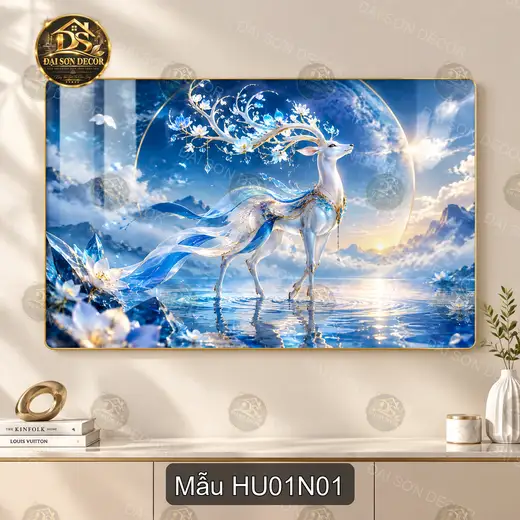 Tranh tráng gương Hươu 001 sắc xanh nghệ thuật điểm nhấn sang trọng cho phòng khách