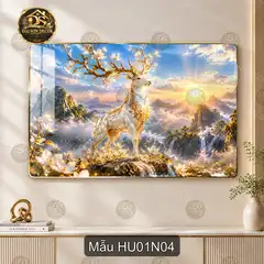 Tranh tráng gương Hươu 001 sắc xanh nghệ thuật điểm nhấn sang trọng cho phòng khách